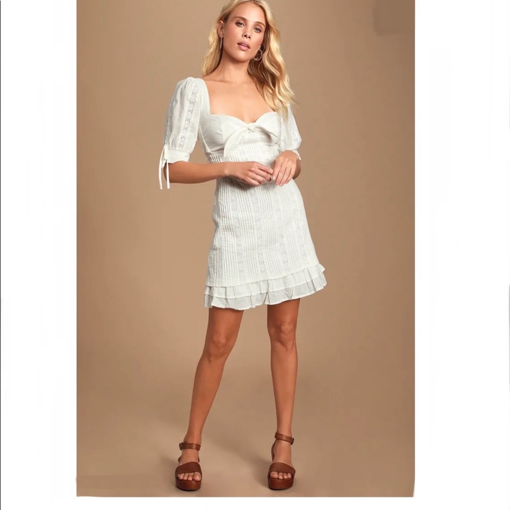 Lulu's Ryleigh White Tie-Front Pleated Mini Dress